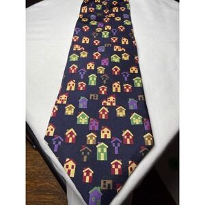 Habitat for Humanity Silk Necktie Navy Blue Houses Novelty Print Men's Accessory